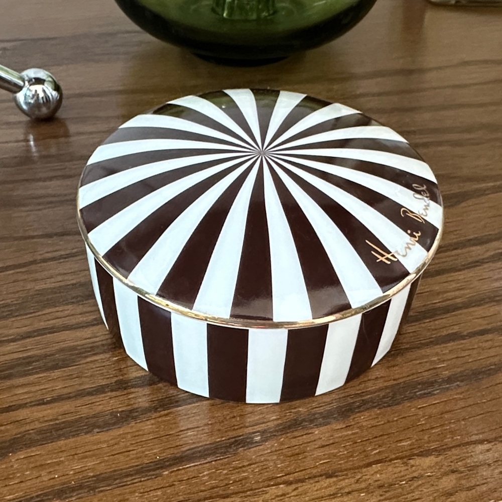 Henri Bendel Striped Brown and White Round ceramic box
